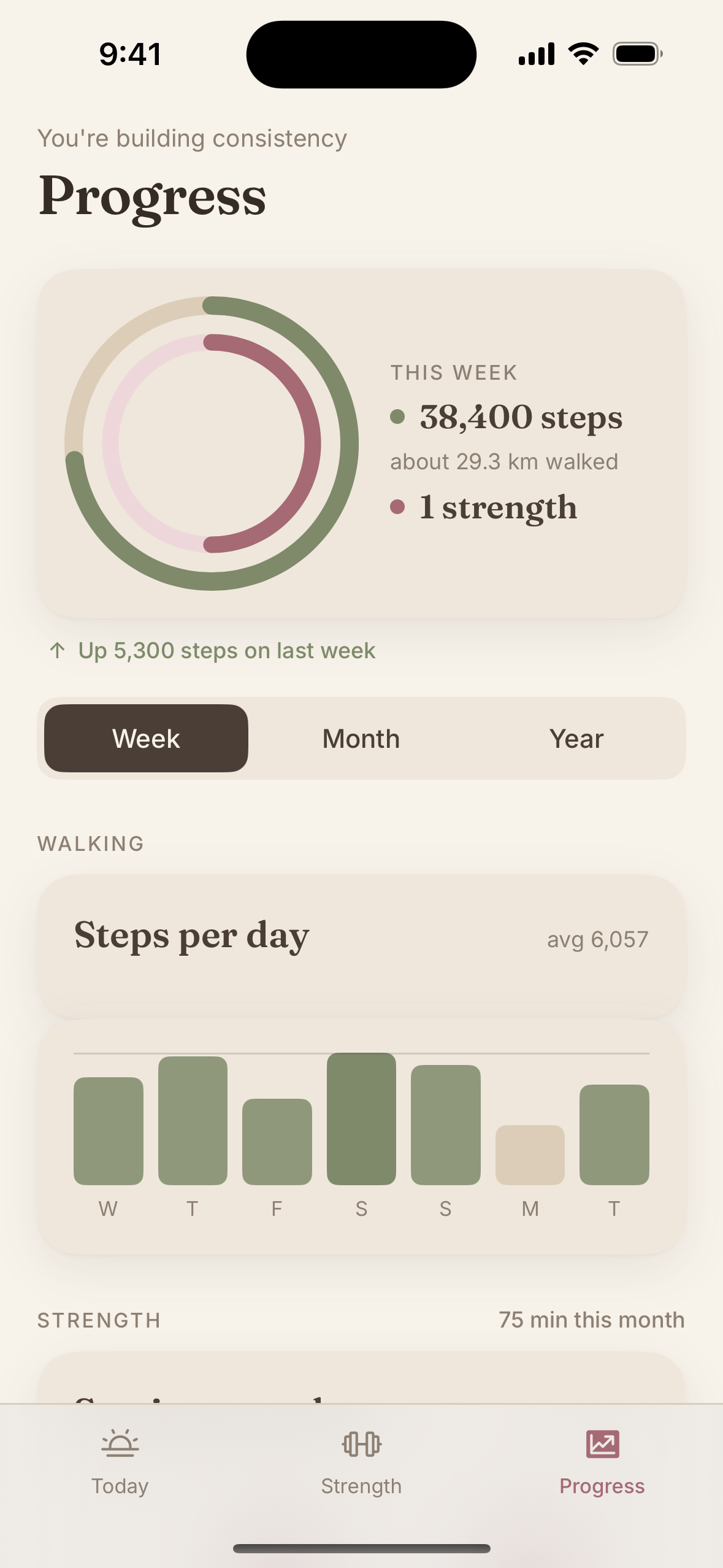 Progress screen showing this week's steps, the week-over-week comparison, and a daily bar chart with a goal line