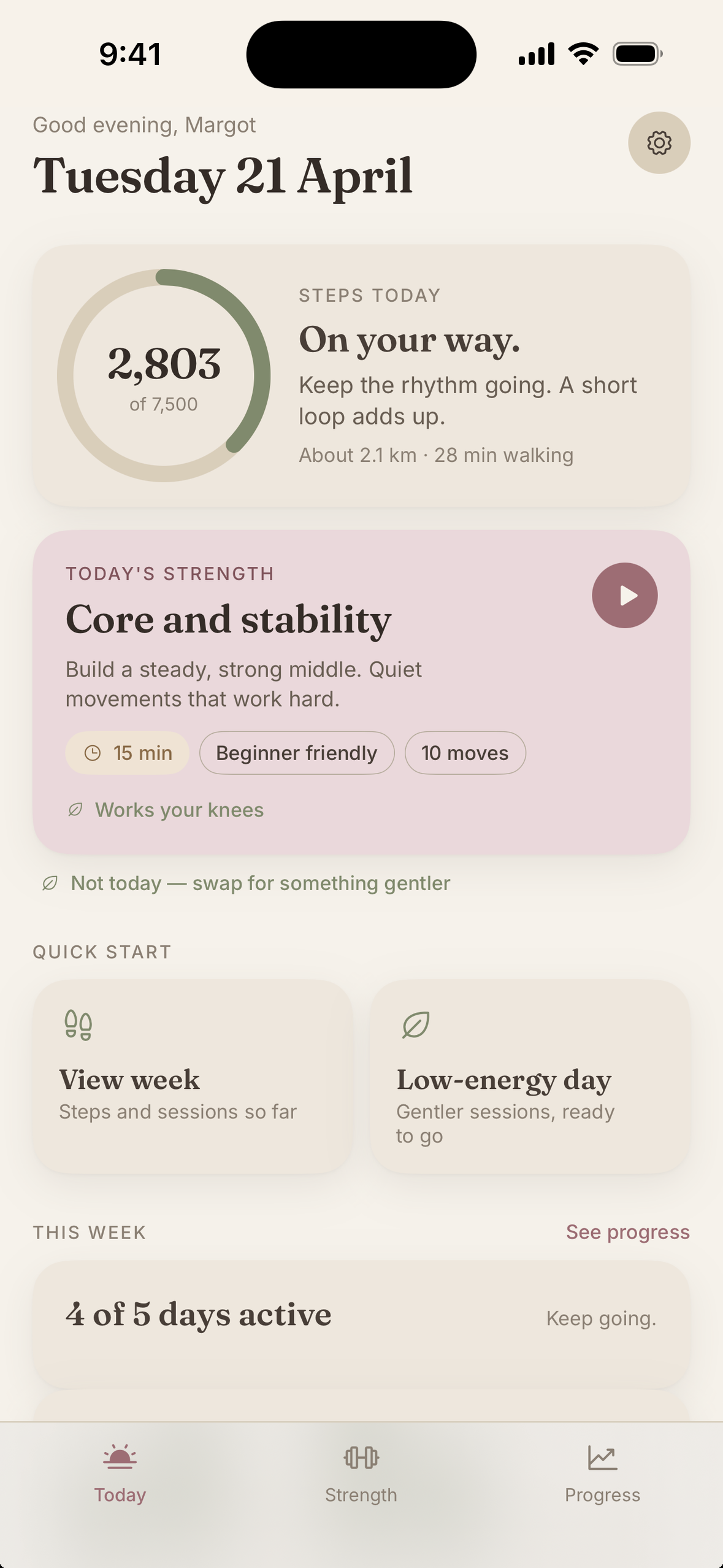 StrongDay 40+ Today screen showing steps, today's strength session, and quick-start options