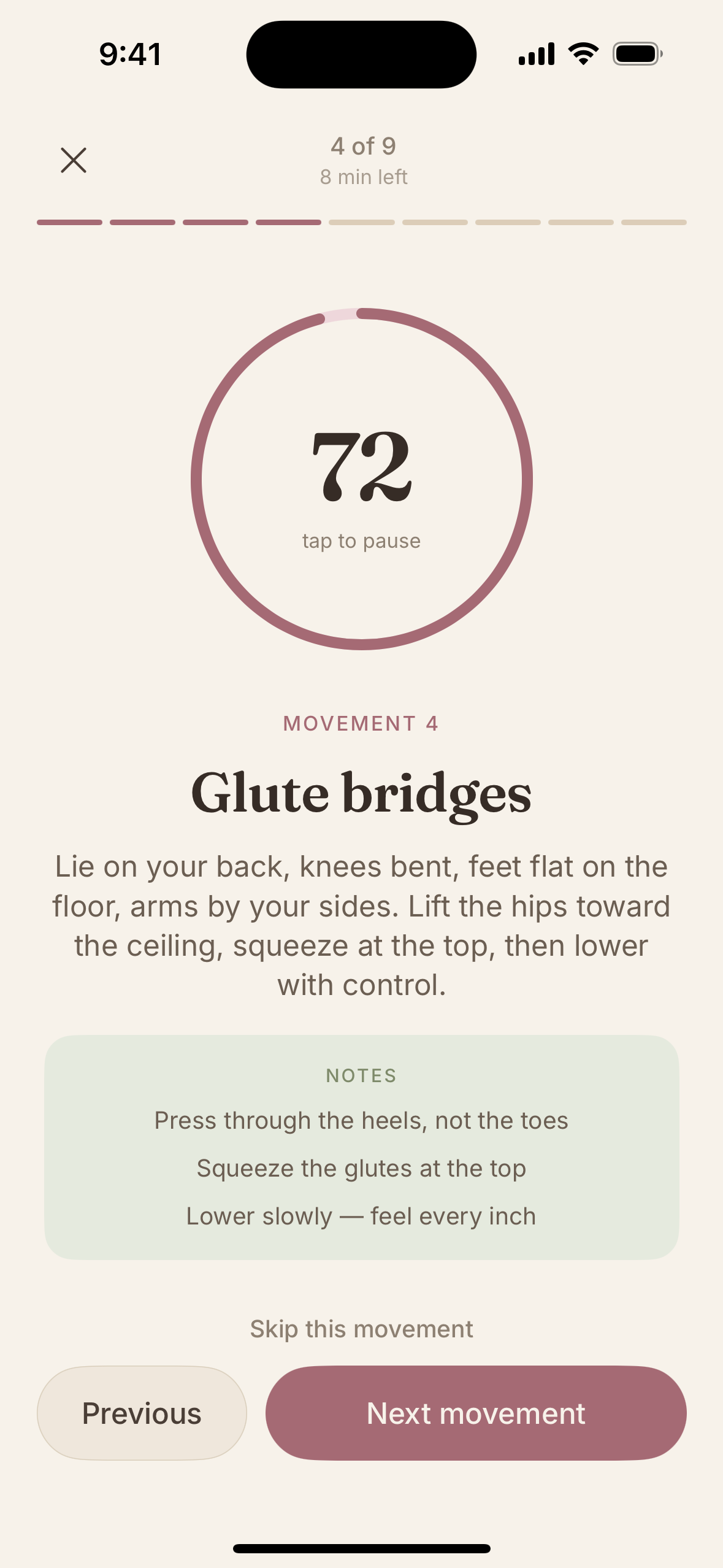 Workout player showing Glute bridges with painted setup description and centered coach notes